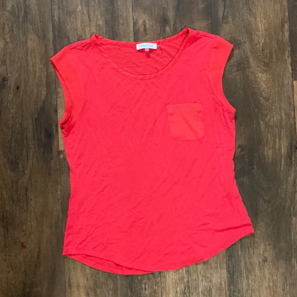 Calvin Klein Red Shirt Small Basic Cap Sleeves Minimalist Casual